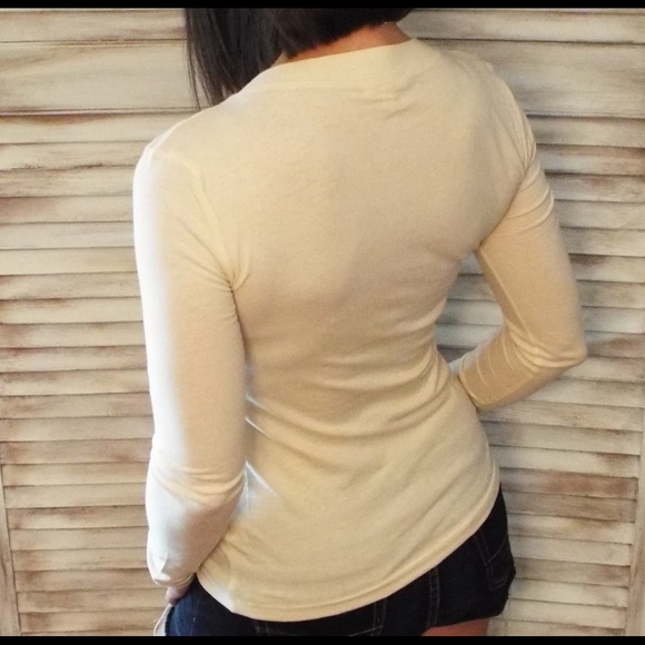 V-Neck Long Sleeve Basic Top Ivory Beige 0216 - Picture 4 of 5